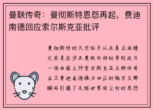 曼联传奇：曼彻斯特恩怨再起，费迪南德回应索尔斯克亚批评